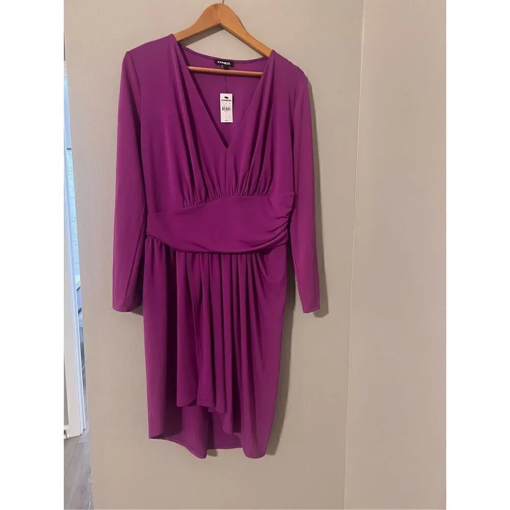 Express L Draped V-Neck Strong Shoulder Mini Dress Magenta Purple Asymmetrical - Picture 3 of 9
